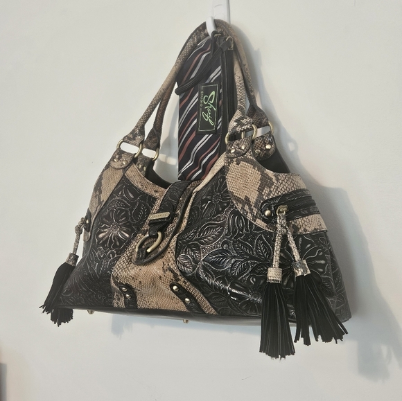 Sharif Studio Tooled Leather Earth Tone Shoulder Bag Purse - Picture 2 of 12